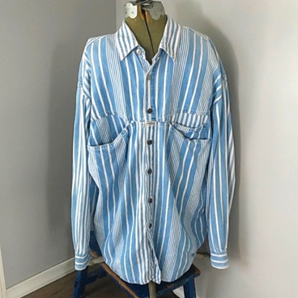 VTG 90S MARITHE GIRBAUD FRANÇOIS STRIPED JEAN SHIRT USA MADE MENS M